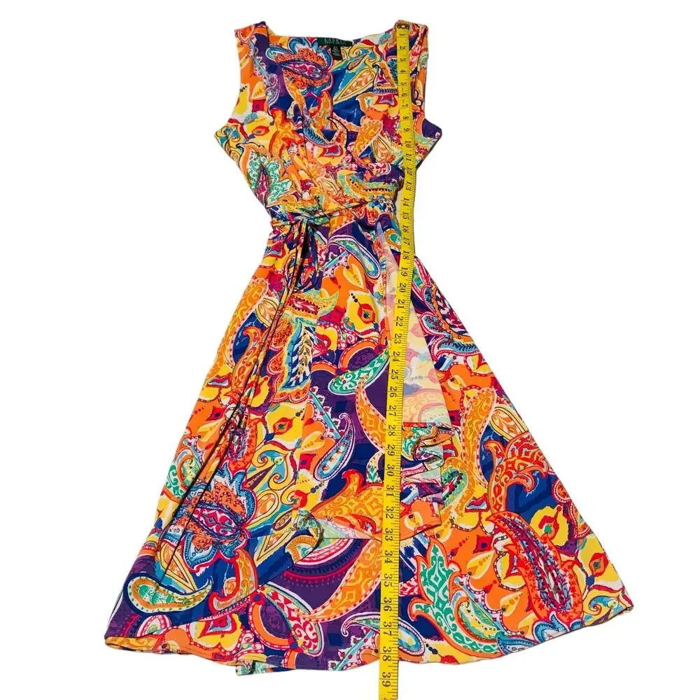 Lauren Ralph Lauren Paisley Dress Faux Wrap Sleeveless Tie Belt Stretchy Small